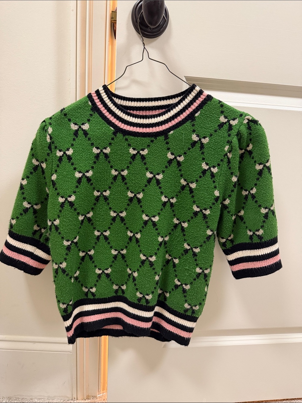 THML Green Patterned Short-Sleeve Crewneck Sweater with Pink and Black Trim